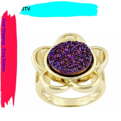 ANEL SOBRE LATÃO JANINE JO (TM) REDONDO COR ROXA QUARTZO DRUSY OURO AMARELO 18K  - Imagem 1 de 2