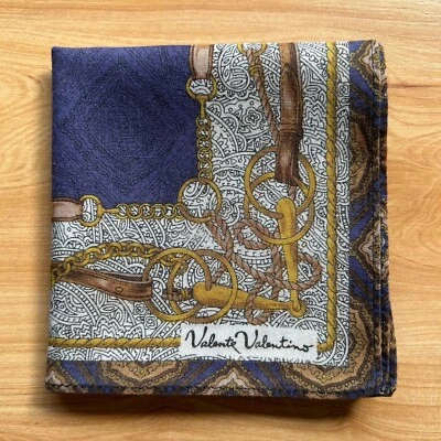 VINTAGE HANDKERCHIEF ART BLUE BELT CHAIN MEN'S POCKET SQUARE COTTON 17" A1156 - Image 1 of 3