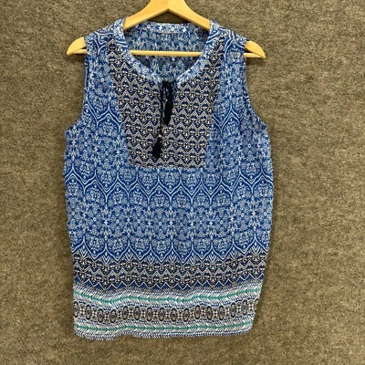 Unbranded Blouse Women M Medium Blue Geometric Sleeveless Tasseled Wide Strap - Image 1 of 4