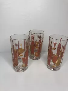 MCM Gay Fad Bordeaux Highball Bicchieri Oro Rosa Barware Set di 3 - Foto 1 di 6