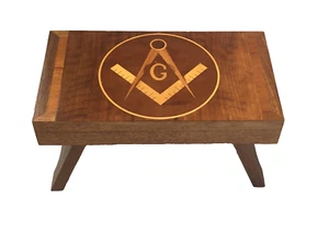 Folk Art Wood Marquetry Masonic Freemason Inlay Foot Stool Signed H.L. Trout - Picture 1 of 19