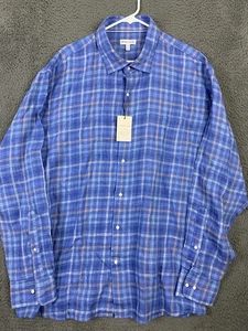 NUOVA camicia uomo Peter Millar Ashore 100% lino blu a quadri bottoni davanti 2XL nuova con etichette - Foto 1 di 9