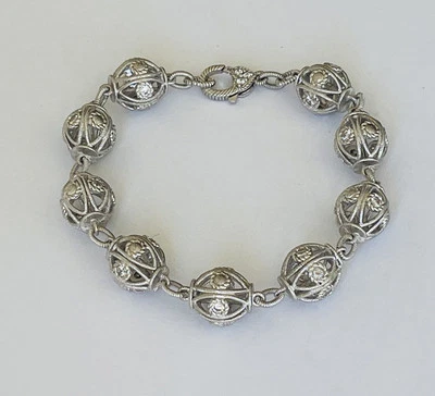 Judith Ripka Sterling Silver CZ Diamonique Truffle Bead Ball Link Bracelet 8.25” - Image 1 of 4