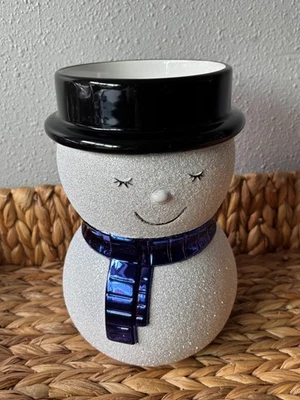 New Bath & Body Works White Glitter Snowman Blue Scarf 3-Wick Candle Holder - Image 1 of 4