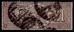 GB QV SG185, RARE £1 brown-lilac WMK CROWNS, USED. Katze 2750£. KA - Bild 1 von 1