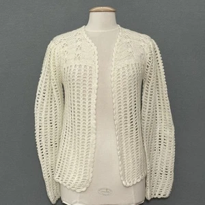 Maglione donna vintage Cottagecore M bianco aperto uncinetto cardigan classico femminile - Foto 1 di 12