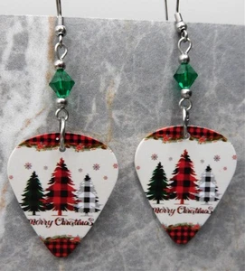 Merry Christmas Buffalo Plaid Trees Guitar Pick Earrings with Green Swarovski - Picture 1 of 5