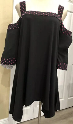 Aster Woman’s Size 2X Black w/ Pink Dots Cold Shoulder Top - Image 1 of 2