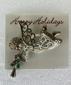 Happy Holidays Christmas Angel Brooch Pin Angel Sounding Trumpet Gold Toned - Picture 1 of 4