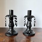 Pair black glass Victorian style candlestick holders mantel lustres jewelled
