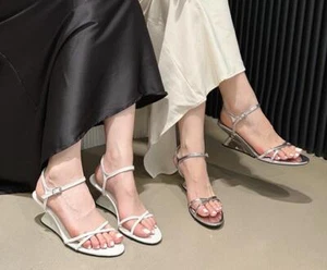 Womens Fashion Summer Peep Toe Ankle Strap Sandals Wedge Mid Heels Slingbacks - Picture 1 of 15