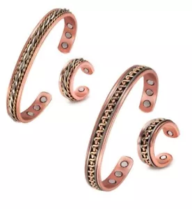 2 Pack Tri Tone Solid Copper Magnetic Arthritis Therapy Cuff Bracelet Ring Set - Picture 1 of 11