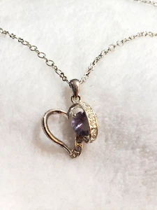 Avon Open Heart Pendant Amethyst Color (FEB. BIRTHDAY) Stone & Necklace - Picture 1 of 4