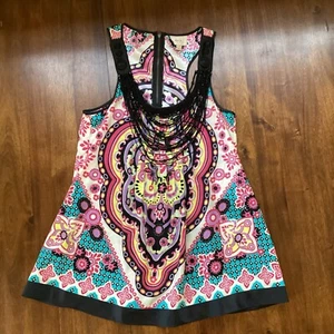 ECI New York Silky Bohemian Beaded Low Cut Sleeveless Top Boho Blouse Size 8 - Picture 1 of 17
