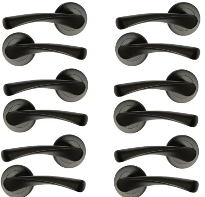 Matt black door handles pack of 6 (pairs) Twirl lever on rose 50mm diameter - Image 1 of 2