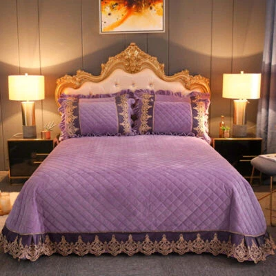 European Lace Velvet Bedspread King Size Oversized Soft Warm Bed Cover Quilted - Image 1 of 4