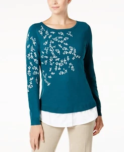 Charter Club Sweater Sz M Layered-Look Jersey bordado Green White Hem NUEVO - Imagen 1 de 12