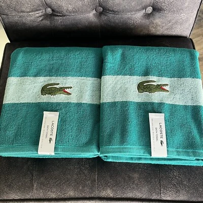 SET of 2 LACOSTE Bath Towels TURQUOISE/BLUE 100% Cotton 30” x 52” Crocodile - Image 1 of 2