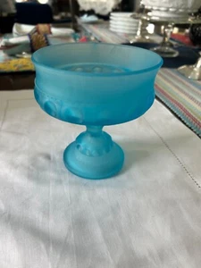 Vintage Indiana Glass Kings Crown Thumbprint Blue Satin Compote Candy Dish - Picture 1 of 6