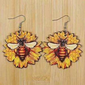 Wooden BEE Sunflower Dangle Earrings - Picture 1 of 3