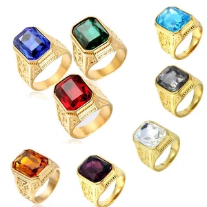 Mens Statement Ring Colorful Imitation Gemstone CZ Stainless Steel Gold plated - Picture 1 of 34