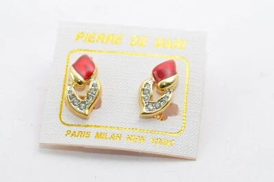 Pierre de Bari: 80er Jahre Vintage Ohrring, rot emailliert mit 7 Strass-Steinen - Bild 1 von 4