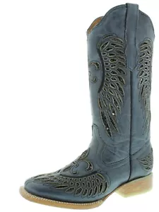 Stivali da rodeo donna quadrati denim blu nero Fleur-De-Lis ali stivali mujer 4,5, 5 - Foto 1 di 5