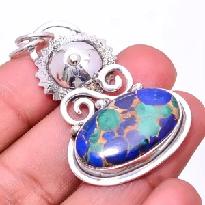 Copper Azurite Chrysocolla Designer Handmade 925 Sterling Silver Pendant 1.95"P3 - Picture 1 of 3