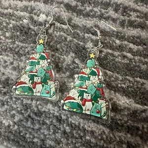 Earrings Christmas Dangle Cat Tree Holiday Fashion Jewelry Cat Lady Cat Stacks - Picture 1 of 6