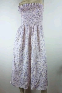 H&M Size XL Aust 16-20 Smocked Bodice Strapless Purple Cream Floral Midi Dress - Picture 1 of 17