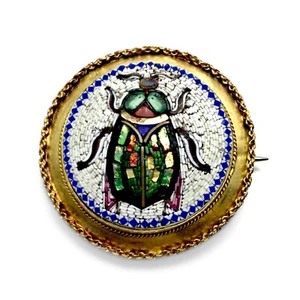 ANTIQUE 585 GOLD MICRO MOSAIC BROOCH SCARAB ITALY CIRCA 1860 - Picture 1 of 8