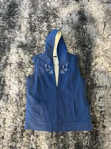 Women’s Basic Editions Size XL X-Large Blue Hooded Vest Flower Floral Pattern - Picture 1 of 6