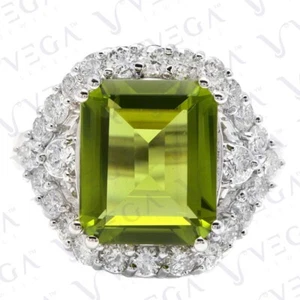 6.10Ct Emerald Cut Natural Peridot & Diamond Wedding Ring 18K White Gold Plated - Picture 1 of 16