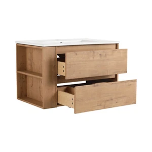 30"Wood Floating Wall Mounted Bathroom Vanity W/ Sink +Side  Shelves +2 Drawers - Picture 1 of 12