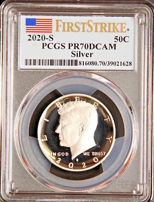 2020 S KENNEDY SILVER HALF DOLLAR PR70DCAM First Strike Flag Label - Image 1 of 4