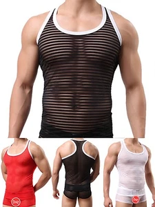 Nuevo Para hombres Lencería Ropa Interior Sexy Transparente Transparente a Rayas Chaleco sin mangas - Imagen 1 de 5