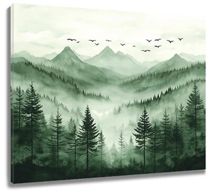 Green Misty Forest Landscape Mountain Canvas Wall Art for Bathroom Living Room - Picture 1 of 16