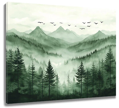 Green Misty Forest Landscape Mountain Canvas Wall Art for Bathroom Living Room - Image 1 of 4