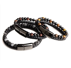 Pulsera unisex doble en cuero auténtico trenzado negro y piedras naturales - Imagen 1 de 10