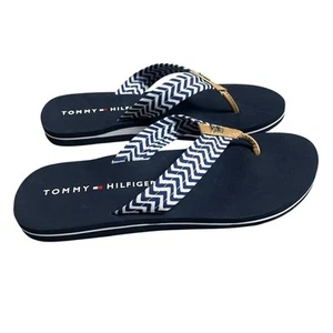 Tommy Hilfiger Women’s Chill Striped Blue/White Thong Sandals Size 9M - Picture 1 of 7
