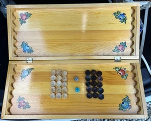 Wooden Backgammon Set – Hand-painted Design – with Checkers & Dice - Picture 1 of 6