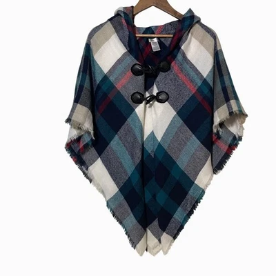 MIXIT · One Size · Plaid Hooded Poncho Cape · Toggle Fringe Wrap · Outlander - Image 1 of 4