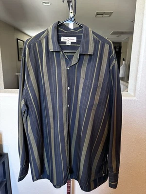 Camisa Tommy Bahama Negra Con Rayas Olivas Abotonada L/S 100% Seda Para Hombre XL Foto 1 de 4