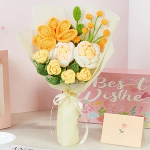 Yellow Crochet Flower Bouquet Handmade Yarn Roses and Tulips Eternal Flowers ... - Foto 1 di 6