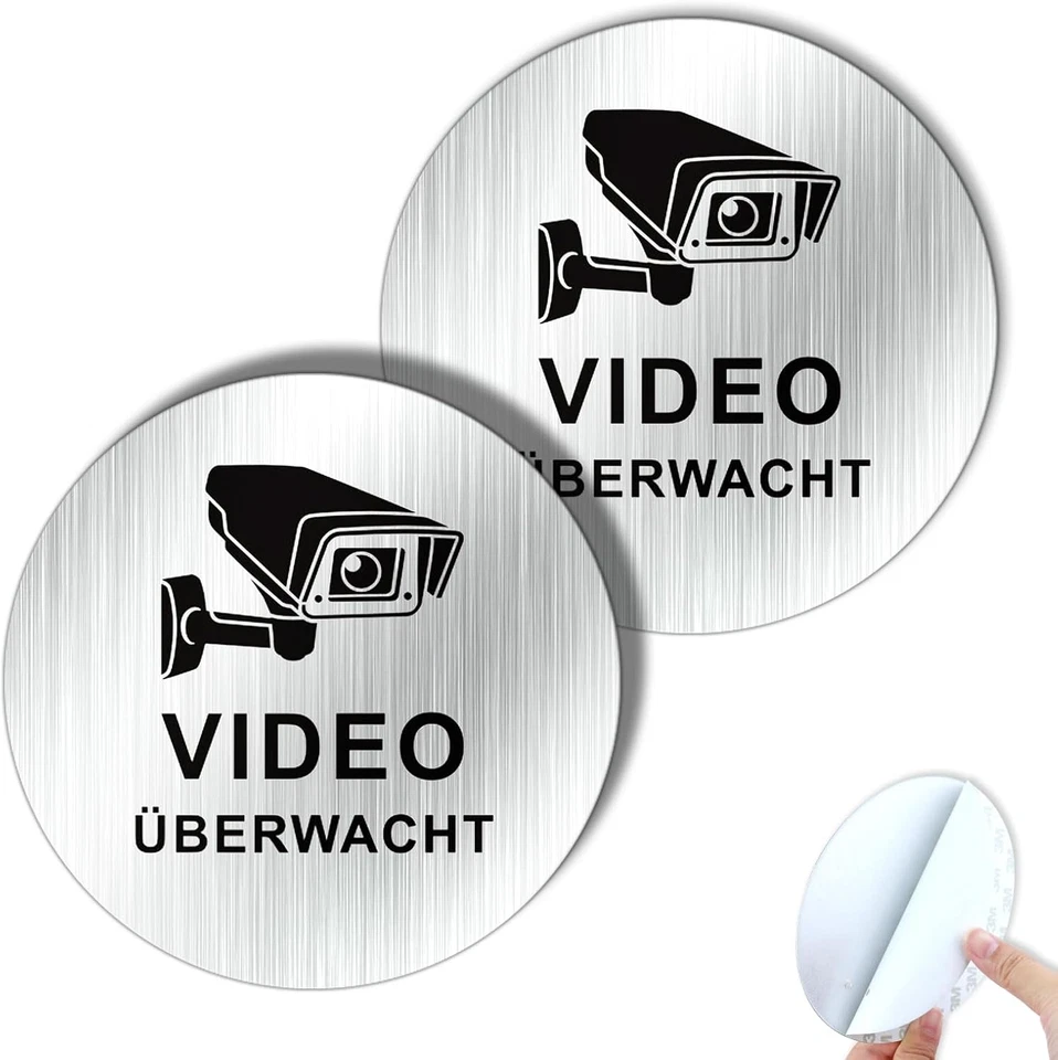 GOODVIA Videoüberwachung Schild Klein Aluminium Selbstklebend Gebürstet 10cm 2 Stück