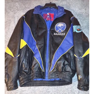 Vintage 90s Pro Player Buffalo Sabres NHL Leather Jacket Mens Large Black Blue - Picture 1 of 9