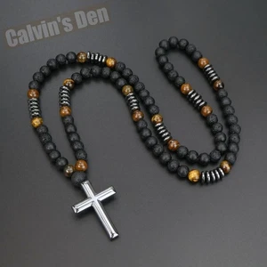 Lava Stone Tiger Eye Black Hematite Cross Pendant Necklace Men Women Gift - Picture 1 of 7