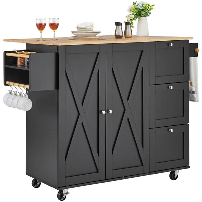 Drop-Leaf Kitchen Island Trolley Cart Wood Storage Cabinet w/ Spice Towel - Image 1 of 4