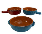 3 De Silva  Rustic Blue and Red Handled Terra Cotta Soup Bowls Crock Casserole