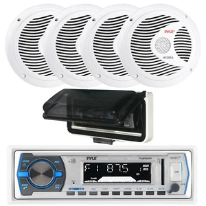 Pyle Single DIN Marine Bluetooth AM/FM Receiver w/Cover, 4x 6.5" 150W Speakers - Picture 1 of 4